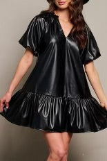 V-neck RUFFLE HEM FAUX LEATHER DRESS