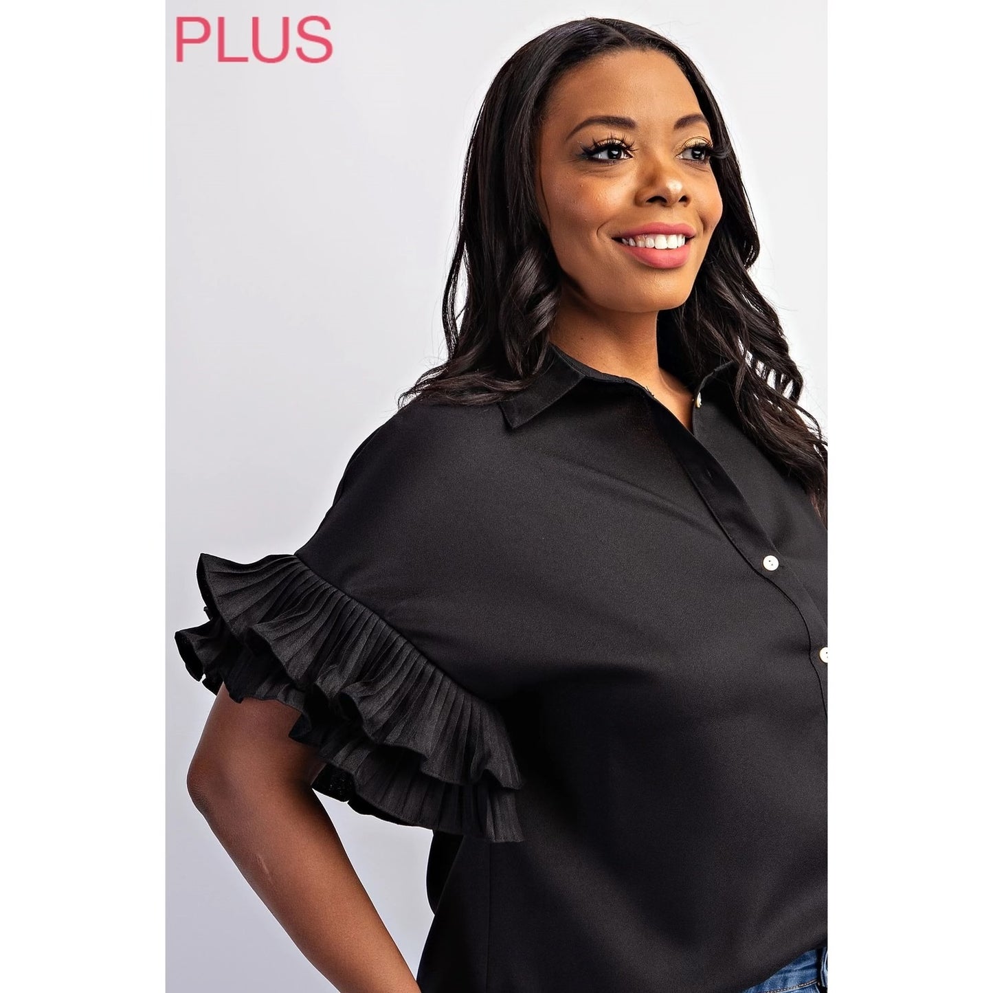 PLEATED RUFFLE SLEEVE SHIRT (plus)