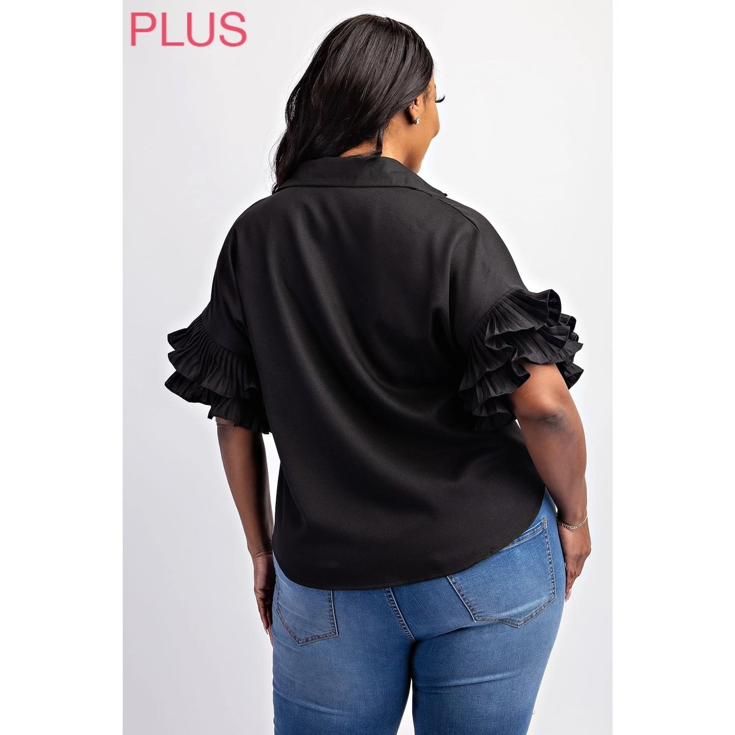 PLEATED RUFFLE SLEEVE SHIRT (plus)