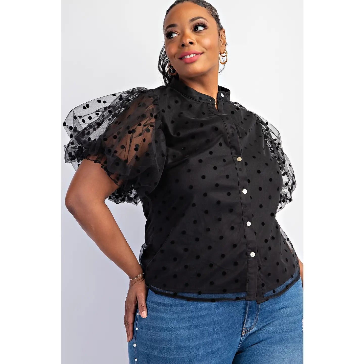 DOT MESH KNIT SHIRT WITH PUFF SLEEVE