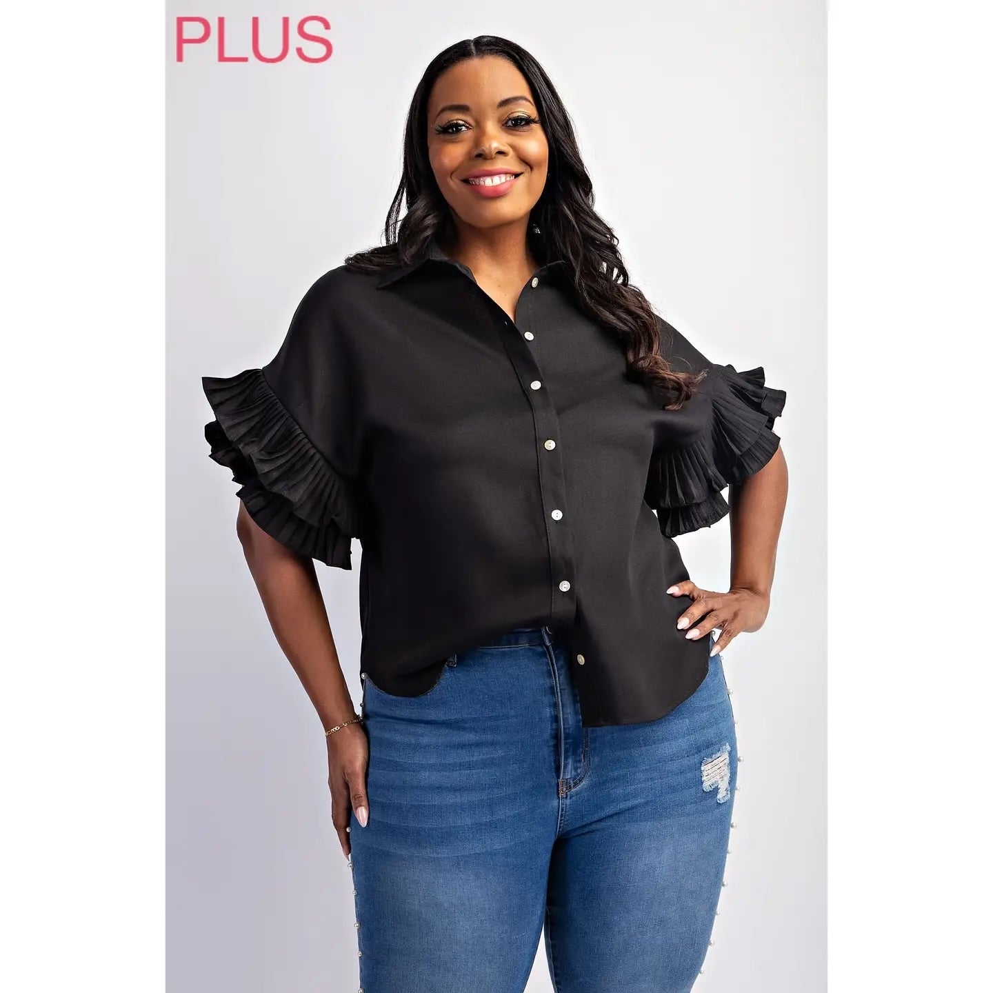 PLEATED RUFFLE SLEEVE SHIRT (plus)